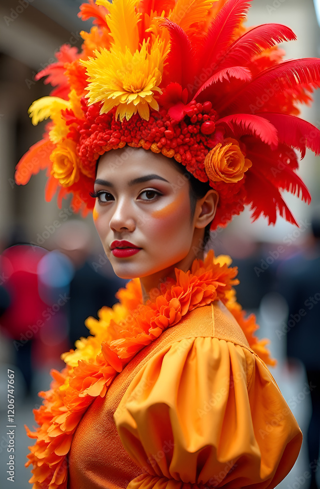 A captivating model in a vibrant carnival outfit showcasing fantastic hues and an exuberant festive spirit. Vibrant Carnival Attire Featuring a Floral Hat and a Bright and Cheerful Orange Ensemble