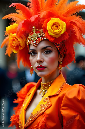 Obraz na płótnie A captivating model in a vibrant carnival outfit showcasing fantastic hues and an exuberant festive spirit. Vibrant Carnival Attire Featuring a Floral Hat and a Bright and Cheerful Orange Ensemble w salonie
