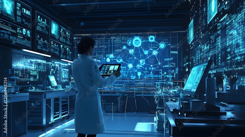 Scientist Studying Data In Advanced Futuristic Laboratory Scientist Studying Data In Advanced Futuristic Laboratory