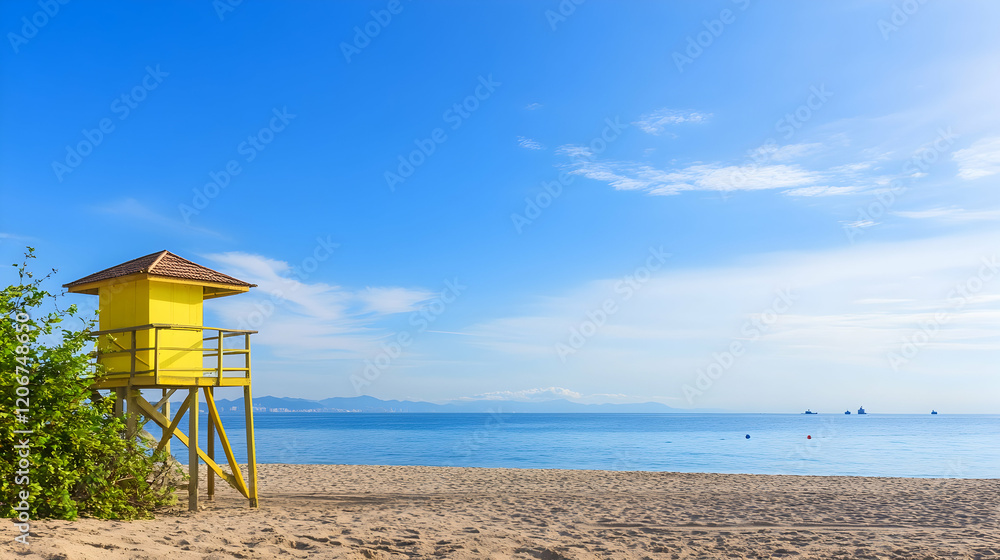 Yellow lifeguard tower on tranquil beach, clear sky, distant mountains; perfect summer vacation postcard Yellow lifeguard tower on tranquil beach, clear sky, distant mountains; perfect summer vacation postcard