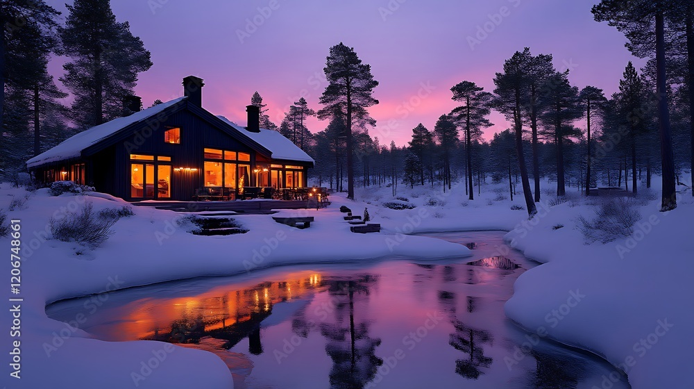 Fototapeta premium Winter Cabin Sunset Lakeside Serenity Peaceful Forest