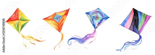 Four colorful diamond kites with long tails flying. photo