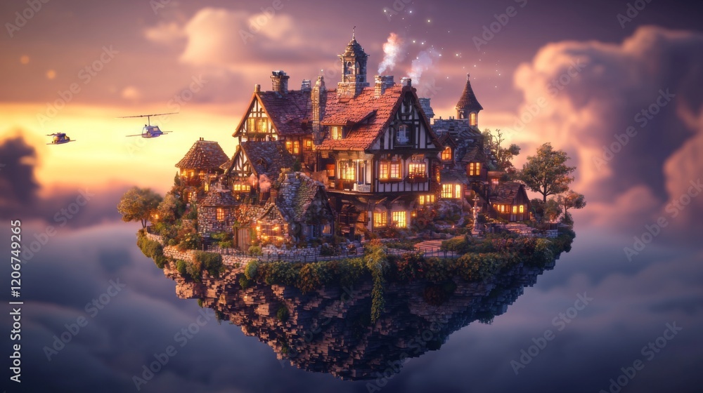 Enchanted floating house above clouds at sunset with glowing windows and whimsical atmosphere