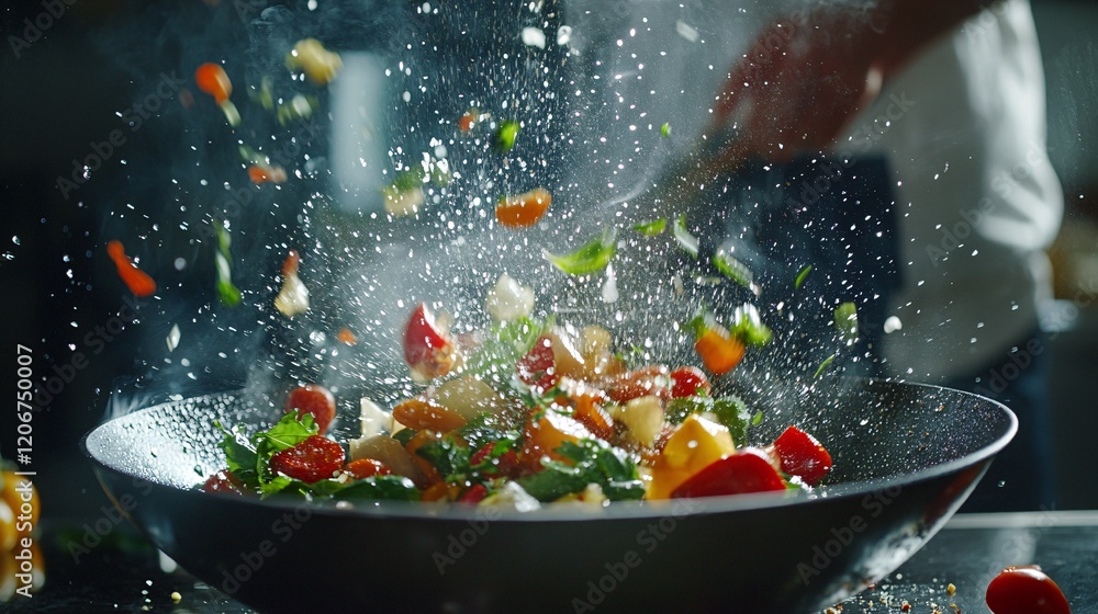 Fresh Vegetable Cooking Action With Flavorful Ingredients Flying Fresh Vegetable Cooking Action With Flavorful Ingredients Flying