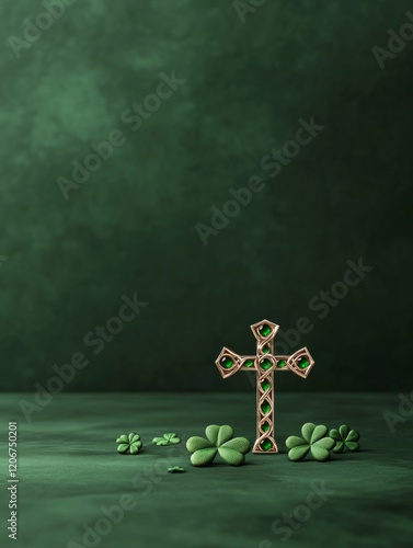 Elegant Celtic Revival Emerald-Encrusted Cross with Shamrock Adornments for High-End St. Patricks Day and Spring Equinox Decor in Luxury Event Planning photo