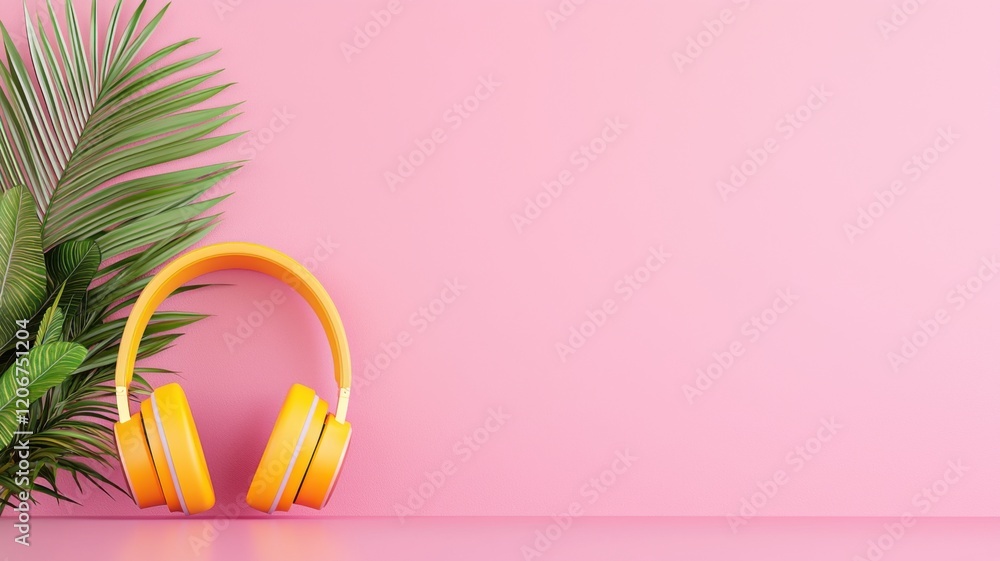 A vibrant yellow headphone rests on a pink surface next to a green palm leaf, creating a playful and modern aesthetic. A vibrant yellow headphone rests on a pink surface next to a green palm leaf, creating a playful and modern aesthetic.