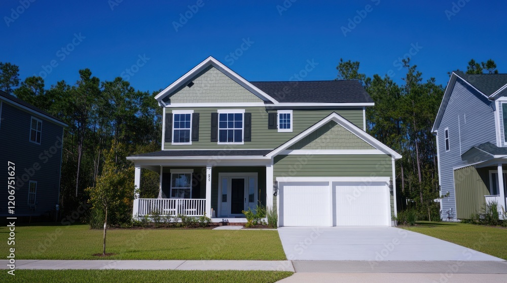 Green House with White Garage Doors Green House with White Garage Doors