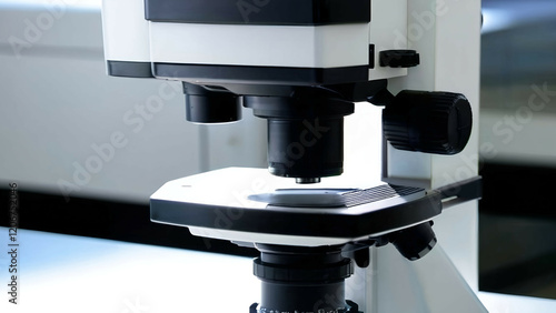 Microscope equipment in lab Closeup Science Instrument Chemistry Biology Scientific Research Professional Magnification Technology photo