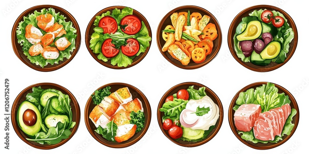 Eight assorted healthy salad bowls. Eight assorted healthy salad bowls.