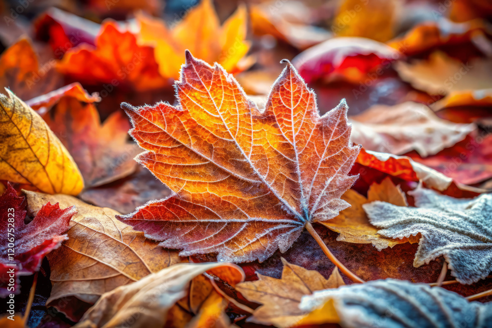 Frosted autumn leaves with vibrant colors create serene atmosphere Frosted autumn leaves with vibrant colors create serene atmosphere