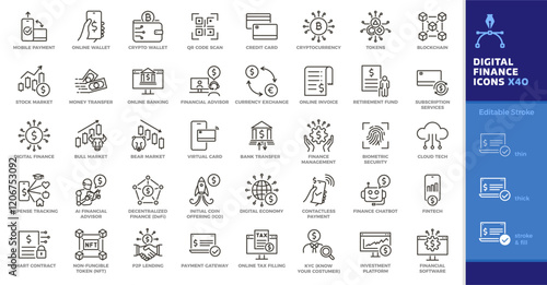 Digital Finance, Economy and Fintech thin line icon set. Editable vector stroke illustrations for cryptocurrency, blockchain, banking, payments, financial tools and investments. 