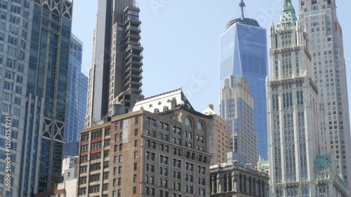New York City Lower Manhattan, Downtown Financial District architecture, United States. One World Trade Center skyscraper Woolworth building, USA. American urban skyline. WTC Freedom tower in NYC.