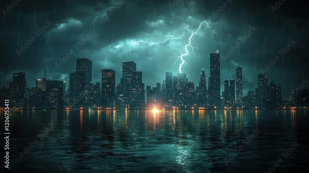 Fototapeta premium Cityscape Under a Dramatic Thunderstorm