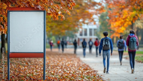 Campus paths highlight poster, walking students blend with clear simplicity.