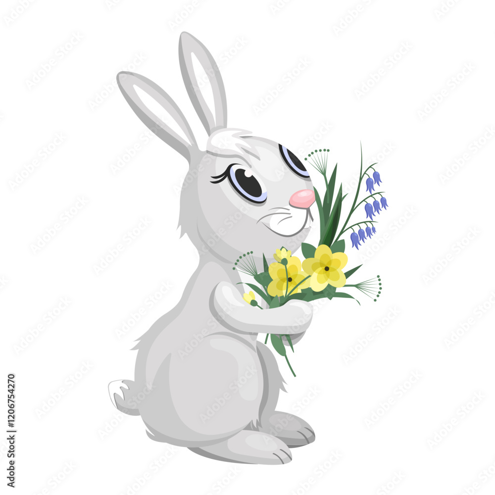 Obraz premium Cartoon rabbit with a bouquet of wildflowers, isolated on a white background.Vector illustration for holiday designs,postcards,textiles.