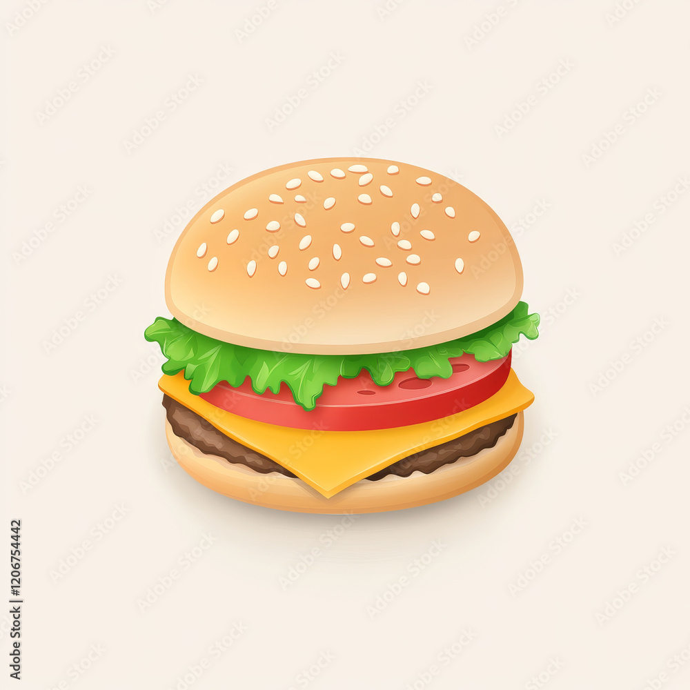 Delicious hamburger with sesame seed bun, cheese, lettuce, tomato, and beef patty, perfect for tasty meal Delicious hamburger with sesame seed bun, cheese, lettuce, tomato, and beef patty, perfect for tasty meal
