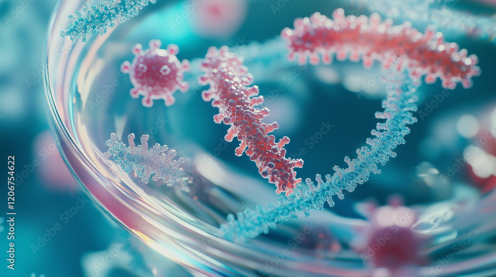 Macro close-up of colorful bacteria colonies and virus cells under a microscope in a scientific petri dish Macro close-up of colorful bacteria colonies and virus cells under a microscope in a scientific petri dish