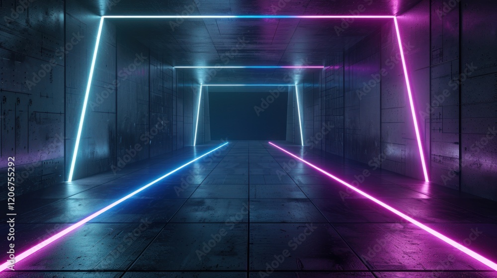 Neon tunnel, glowing lines, concrete walls, dark background, futuristic design Neon tunnel, glowing lines, concrete walls, dark background, futuristic design