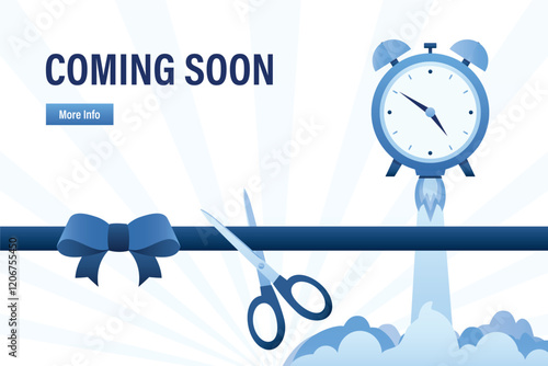 Coming soon, landing page. Alarm clock fly up like a rocket. Final countdown. Successful start of new business project. Product development. Grand opening ceremony