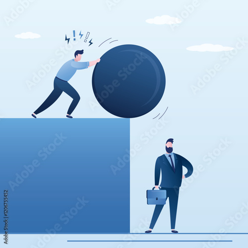 Angry businessman push big ball on colleague. Attacked by friends. Traitor in business. Cheating, business dishonesty, betrayal and jealousy, career competitor concept