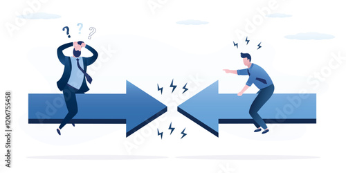 Conflict of interest, business concept. Businessmen flying on giant arrows towards each other. Rivalry, confrontation, different opinion. Competitiveness symbol. Business conflict