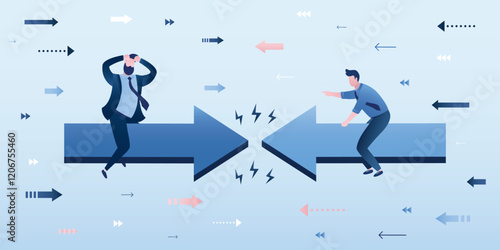 Conflict of interest, business concept. Two businessmen ride on giant arrows against each other. Rivalry metaphor. Confrontation, different opinion. Competitiveness symbol.