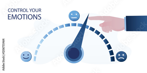 Control your emotions, motivational banner. Human hand moves arrow on measurement scale in direction of good mood. Positive thinking. Scale for measuring stress and mood.