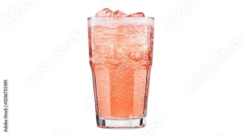 Refreshing pink beverage in a clear glass filled with ice and bubbles. transparent background