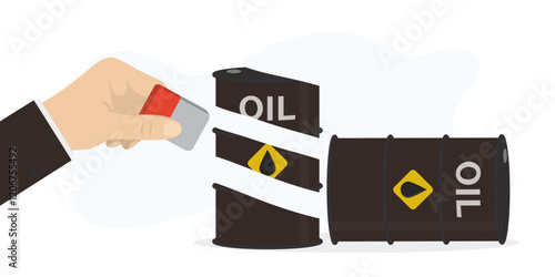 Big hand holds eraser and removes crude oil black barrel. Refusal to use oil and petroleum products. Campaign for alternative energy, ecology and reduction of carbon emission