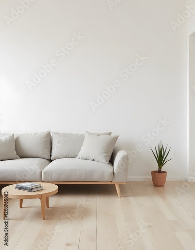 Modern Minimalist Living Room Interior Design Light Grey Sofa Wooden Coffee Table and Light