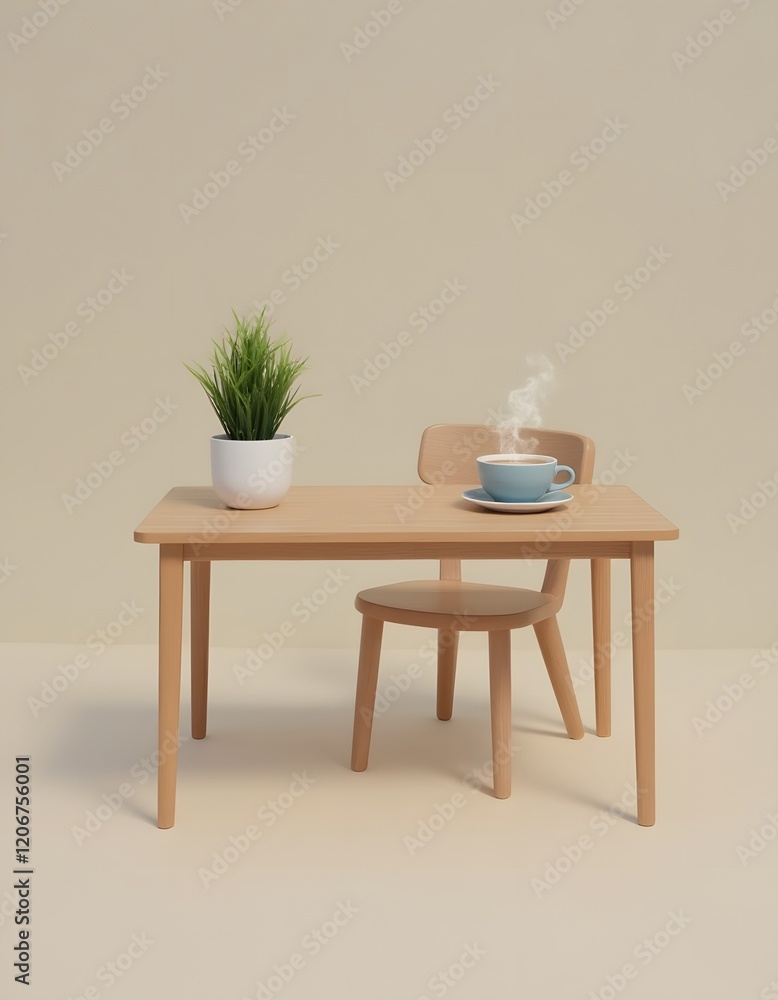 Minimalist Home Office Desk Setup Wooden Table Chair Coffee Plant Minimalist Home Office Desk Setup Wooden Table Chair Coffee Plant