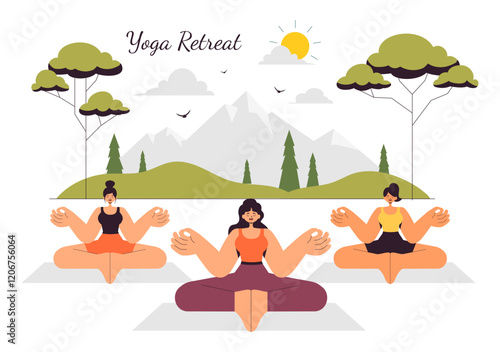 Yoga Retreat Vector Illustration Featuring Activities to Escape Your Daily Routine, Including Meditation, Yoga and Breathing Exercises in a Background