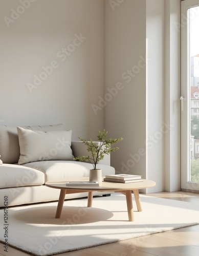 Modern Minimalist Living Room Interior Design with Light Sofa and Wooden Coffee Table