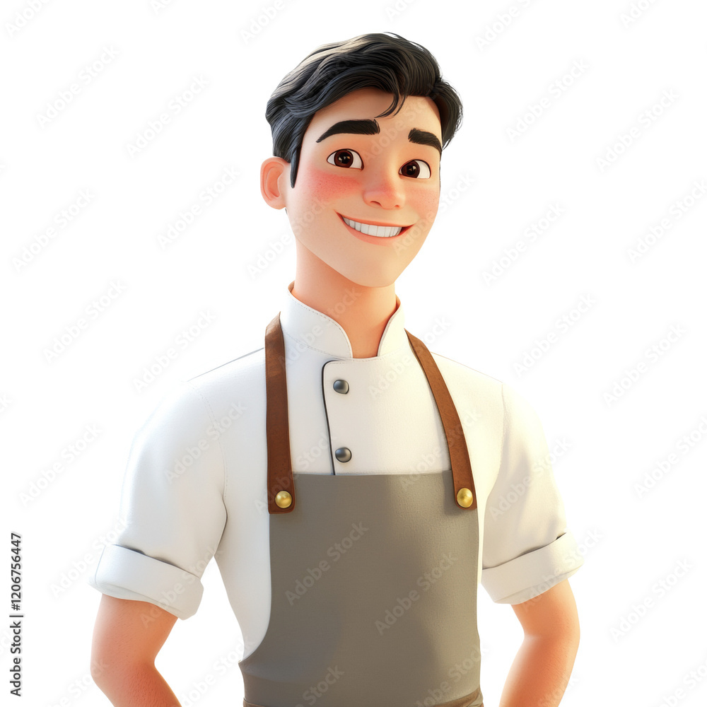 A digitally rendered illustration of a cheerful young Asian male cartoon chef in a white shirt and grey apron. A digitally rendered illustration of a cheerful young Asian male cartoon chef in a white shirt and grey apron.