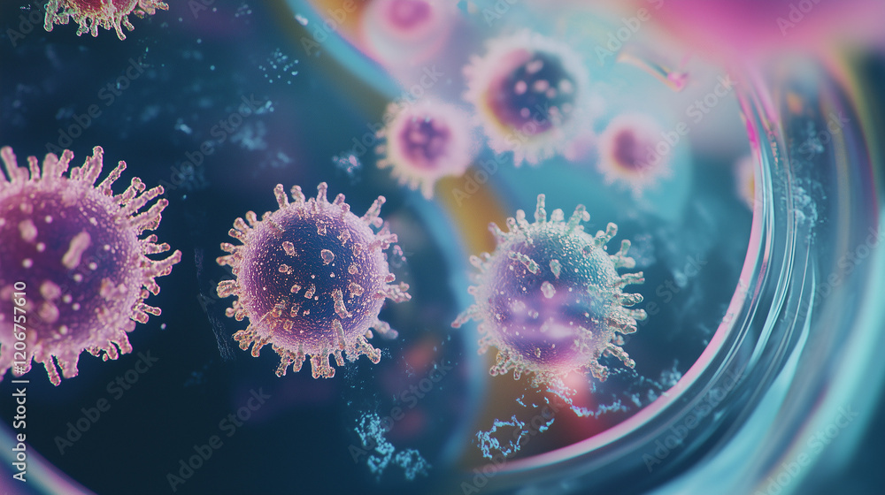 Macro close-up of colorful bacteria colonies and virus cells under a microscope in a scientific petri dish Macro close-up of colorful bacteria colonies and virus cells under a microscope in a scientific petri dish