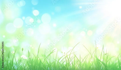 Sunny spring meadow with bokeh and green grass.