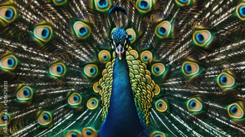 peacock displaying its colorful feathers in a striking pose.