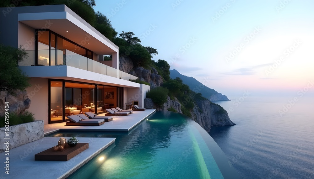 Obraz premium Stunning Modern Cliffside Villa with Infinity Pool and Ocean View at Sunset