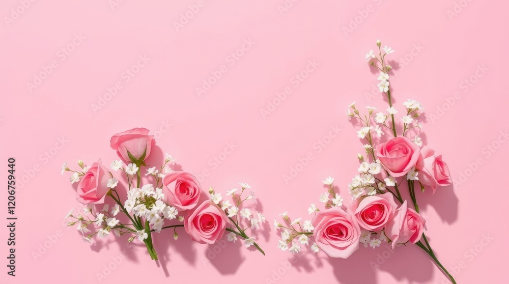pink rose and gypsophila flower frame on a pink background. Strong, direct light produces intense shadows. Copy space is available at the top pink rose and gypsophila flower frame on a pink background. Strong, direct light produces intense shadows. Copy space is available at the top