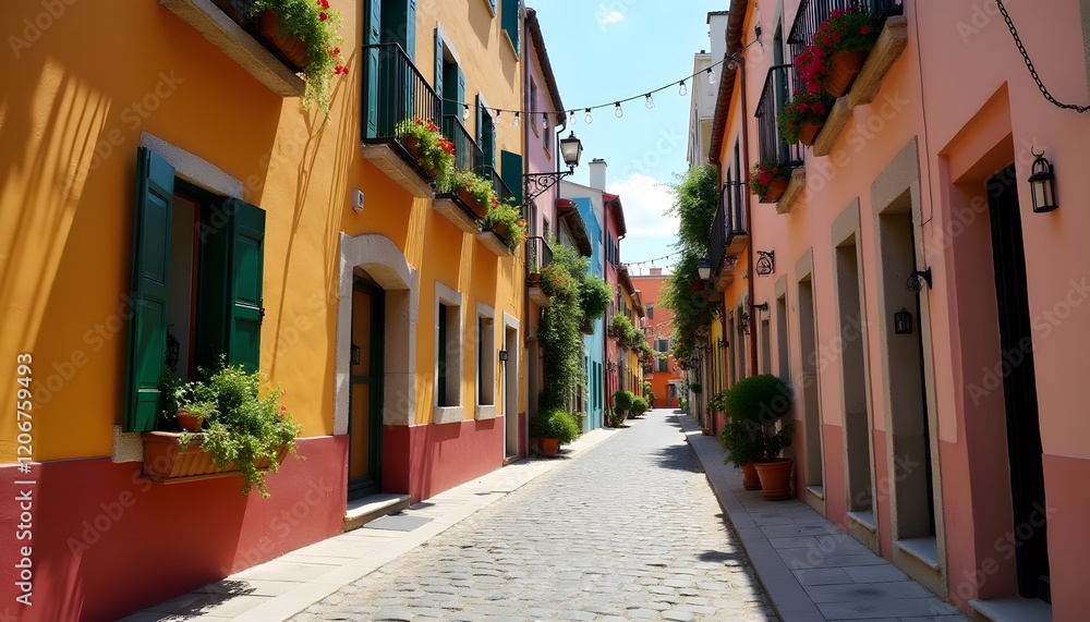 Fototapeta premium Colorful European Street Scene Cobblestone Road Vibrant Buildings Sunny Day Architecture