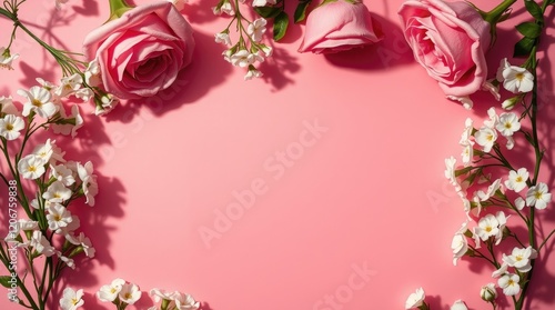 pink rose and gypsophila flower frame on a pink background. Strong, direct light produces intense shadows. Copy space is available at the top