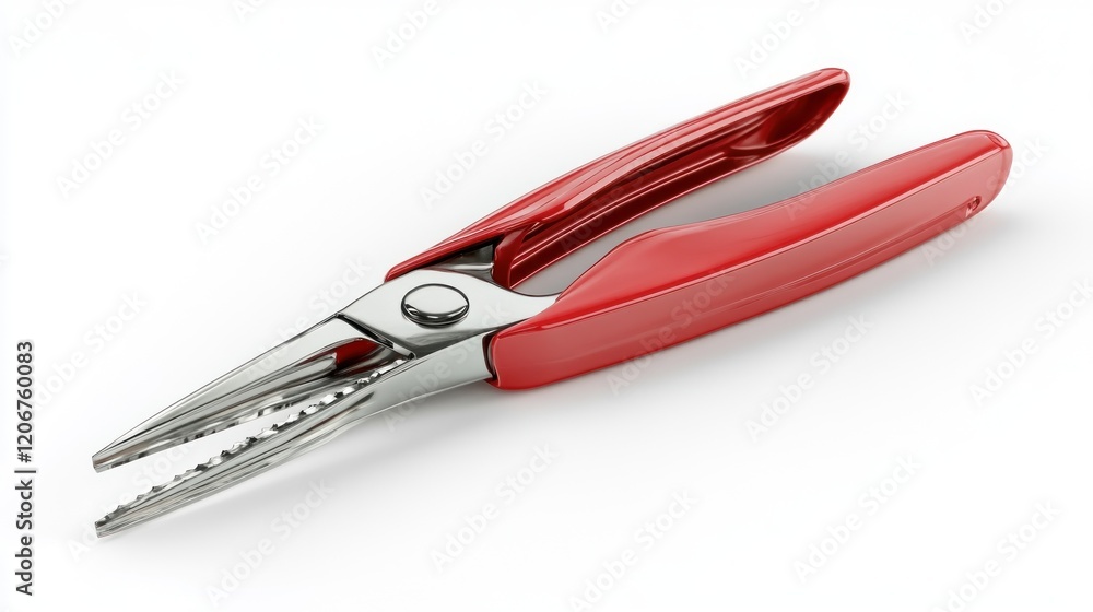 A pair of red-handled pliers with a shiny metallic head, used for gripping and manipulating objects. A pair of red-handled pliers with a shiny metallic head, used for gripping and manipulating objects.