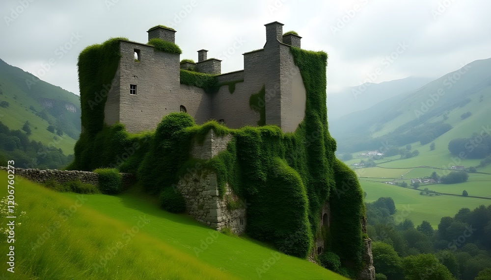 Overgrown Ancient Stone Castle Ruins on Lush Green Hillside Panoramic View Overgrown Ancient Stone Castle Ruins on Lush Green Hillside Panoramic View