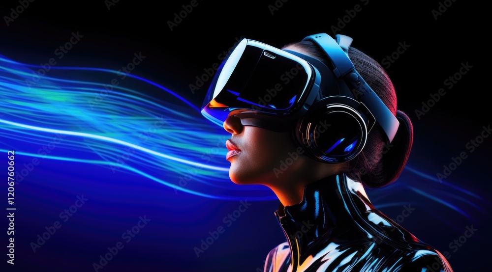 Woman wearing a VR headset with vibrant blue and purple lights in the background. Woman wearing a VR headset with vibrant blue and purple lights in the background.