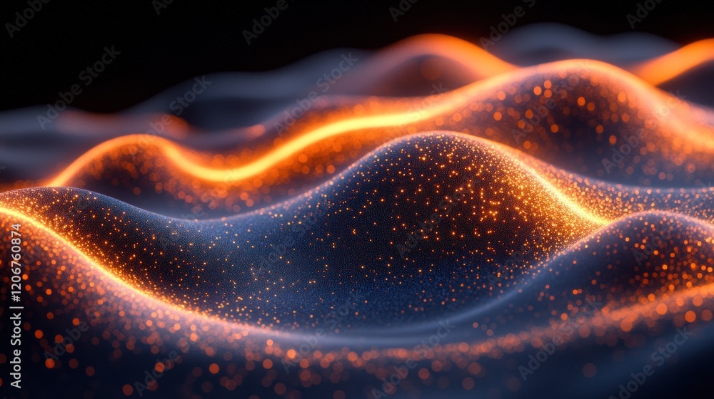 Glowing particle waves, abstract energy landscape. Glowing particle waves, abstract energy landscape.