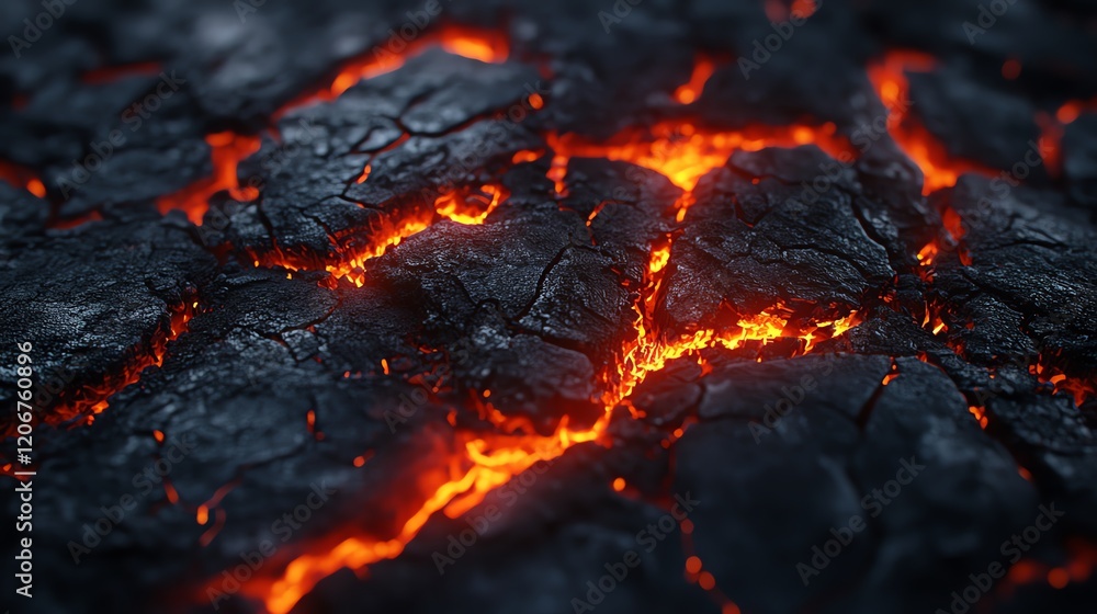 Glowing lava flow on textured volcanic rock. Glowing lava flow on textured volcanic rock.