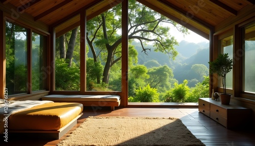 Serene Mountain View Bedroom with Large Windows and Wooden Floor