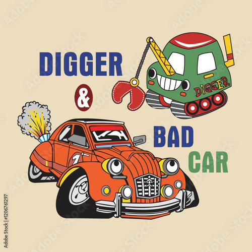 digger and bad car,design cartoon vector illustration