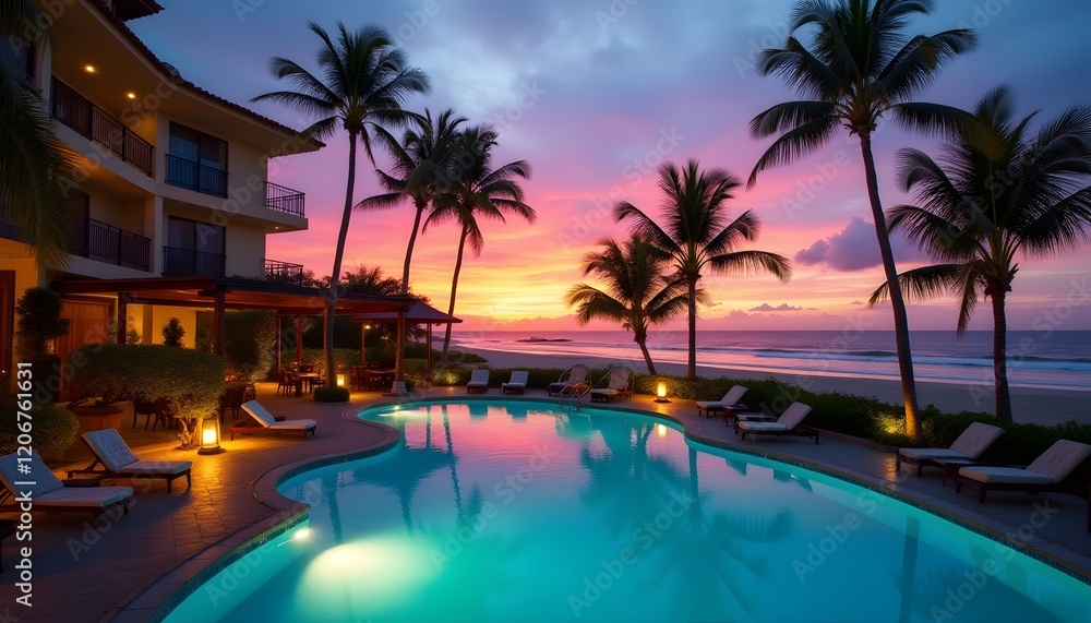 Tropical Resort Pool at Sunset Ocean View Palm Trees Luxury Vacation Tropical Resort Pool at Sunset Ocean View Palm Trees Luxury Vacation