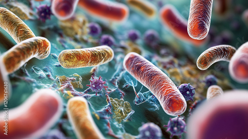 Macro close-up of colorful bacteria colonies and virus cells under a microscope in a scientific petri dish